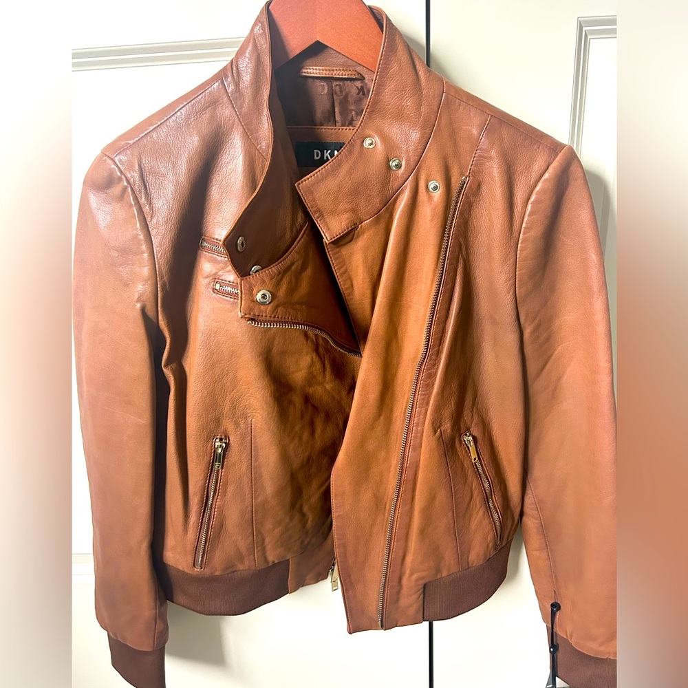 NWT DKNY Leather Moto Jacket Rum (camel) size S